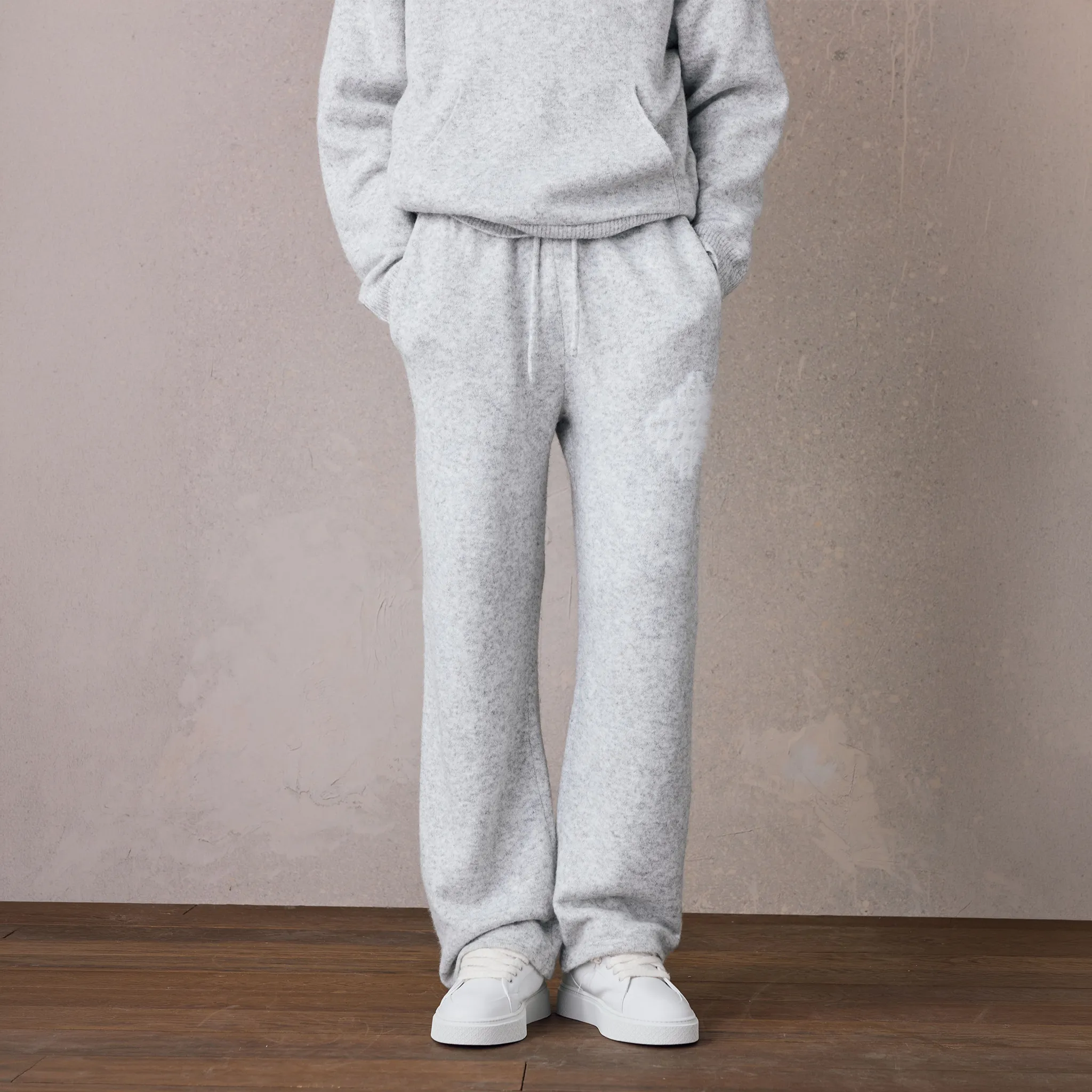 Front View of The Couture Club Emblem Fluff Knit Grey Marl Sweatpants TCCM3373